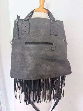Fringe Tote Bag - Grey Faux Leather